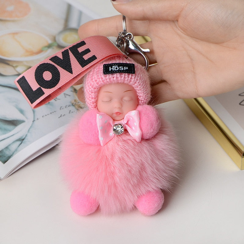 Pompom Sleeping Baby Keychain Cute Fluffy Plush Doll Keychains Women Girl Bags Keyrings Cars Key Ring  Gift Charming  Decoration - Charlie Dolly