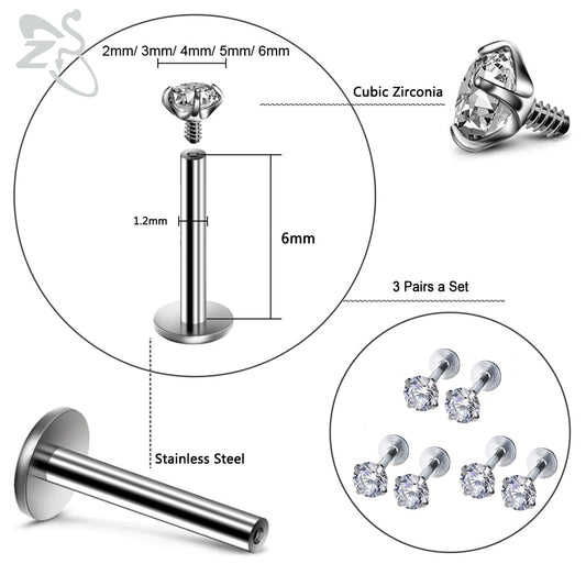 ZS 6 Pcs/Lot 16G Stainless Steel Labret Lip Piercing Set 3/4/5/6MM CZ Crystal Ear Cartilage Tragus Helix Conch Piercings Jewelry - Charlie Dolly