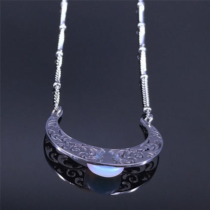 2023 Moon Moonstone Stainless Steel Chain Necklace Women Silver Color Pendants Necklaces Boho Jewelry bijoux femme N1129S04