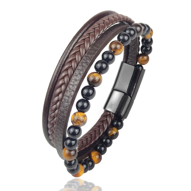 Boho Jewelry Beads Leather Charm Bracelet for Men Women Stainless Steel Natural Stone Rosary love Bracelet Bangle  Gift Wholesal
