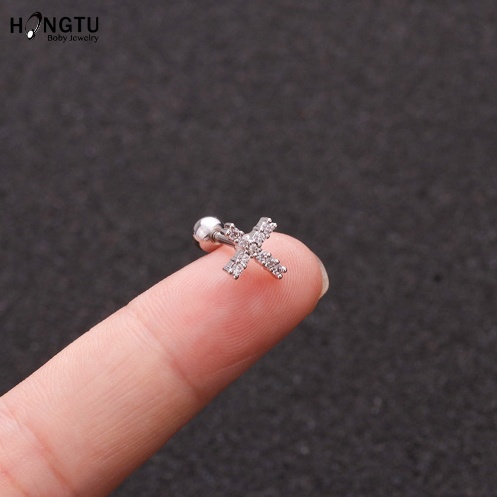 HONGTU 1PC Copper Flower Heart Moon Zircon Tragus Ear Piercing Surgical Steel Shaft Bar Daith Earrings Helix Cartilage Studs 16g - Charlie Dolly