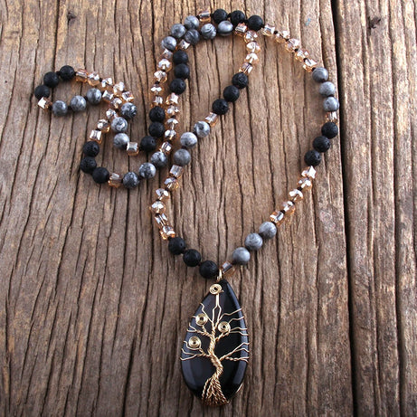 Fashion Bohemian Jewelry Natural Stones /Glass Crystal Knotted With Semi Precious Pendant Boho Necklace Women Gift - Charlie Dolly