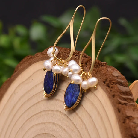 GLSEEVO Natural lapis lazuli Pearl Temperament Drop Earrings Women Girls Party Gift Original Design Luxury Jewellery Gift GE0988 - Charlie Dolly