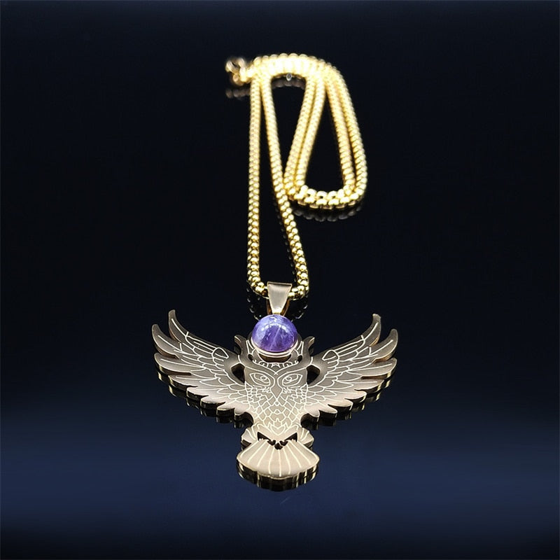 Stainless Steel Witchcraft Purple Crystal Necklace Pendant Women Gold Color Owl Moon Necklaces Jewelry collares hombre N2257S02