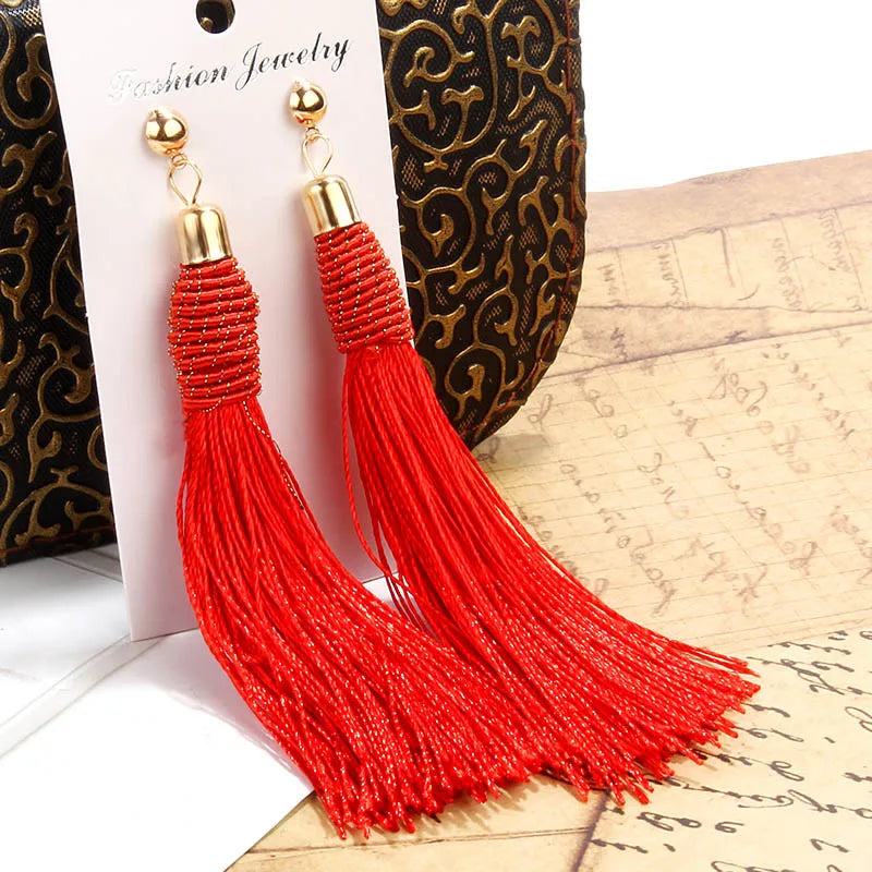 Bohemia Hand-Woven Tassel Dangle Earrings For Women Ethnic Silk Fabric Long Drop Earring New Female Boho Jewelry Gift