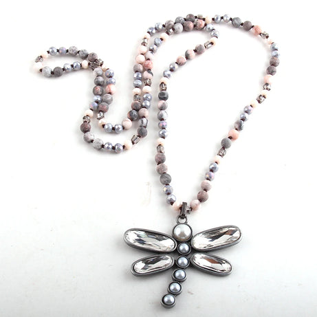 Dragonfly Long Knotted Stone Necklace Jewelry