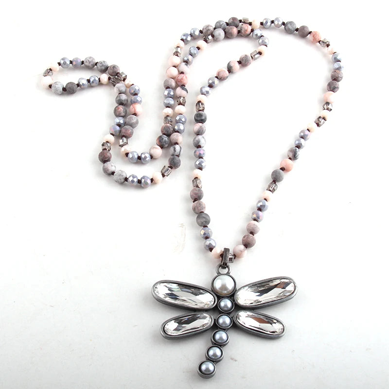 Dragonfly Long Knotted Stone Necklace Jewelry