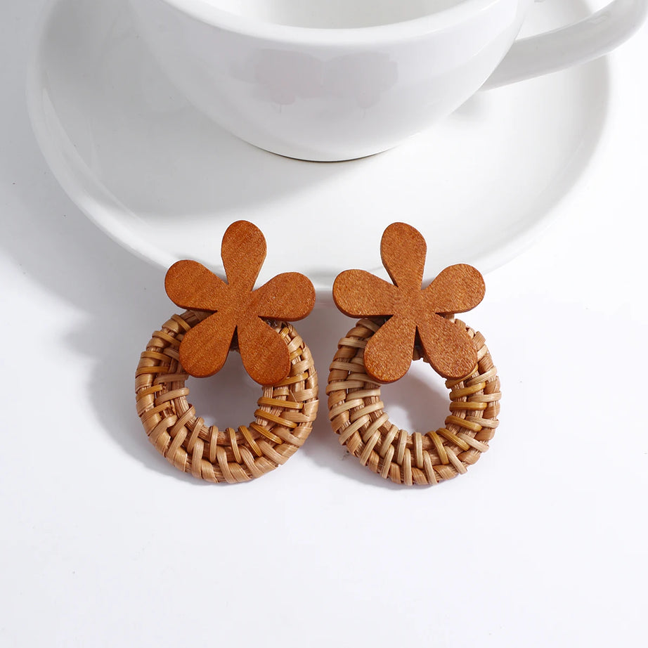 Wooden Rattan Braid Geometric Drop Earrings Jewelry