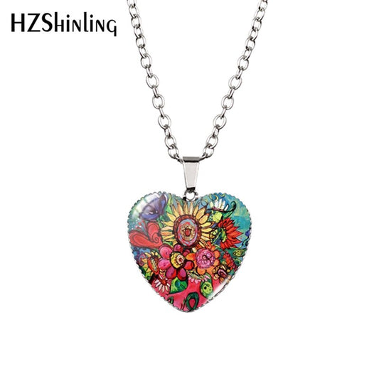 Sunflower Heart Necklace Yellow Sunflower Pendant Glass Picture Jewelry Fashion Heart Necklace HZ3 - Charlie Dolly