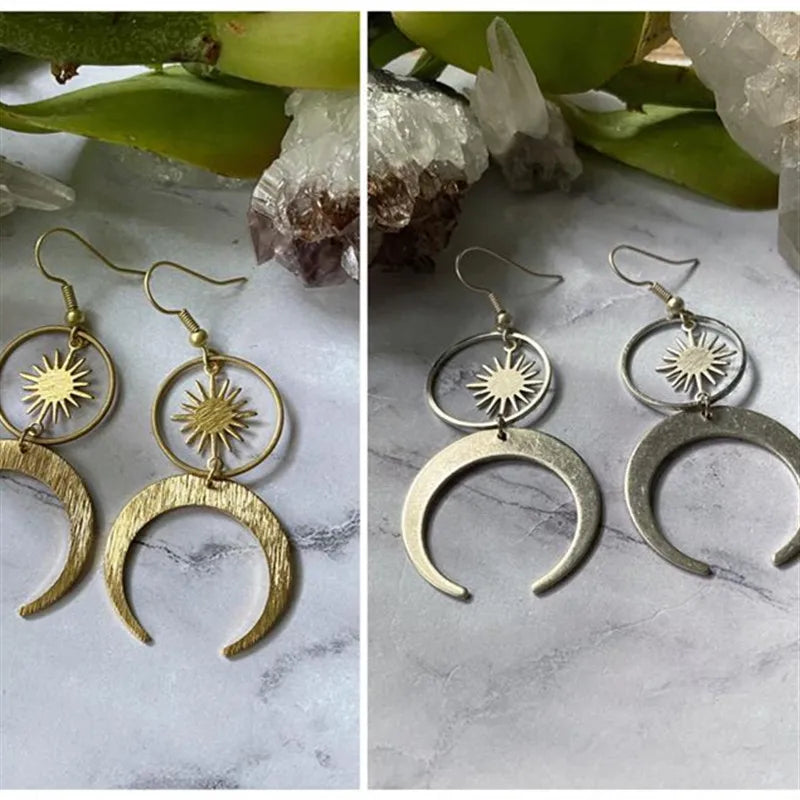 Golden Color Goddess Hoop Earrings Drop Geometric Crescent Phase Hippie Statement Witchy Jewelry Fashion Gorgeous Women Gift New