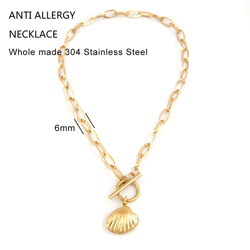 WOMEN CHOKER Shell NECKLACE Seashell Starfish pendant Stainless steel Toggle Clasp Cable Chain collares Collier gift - Charlie Dolly