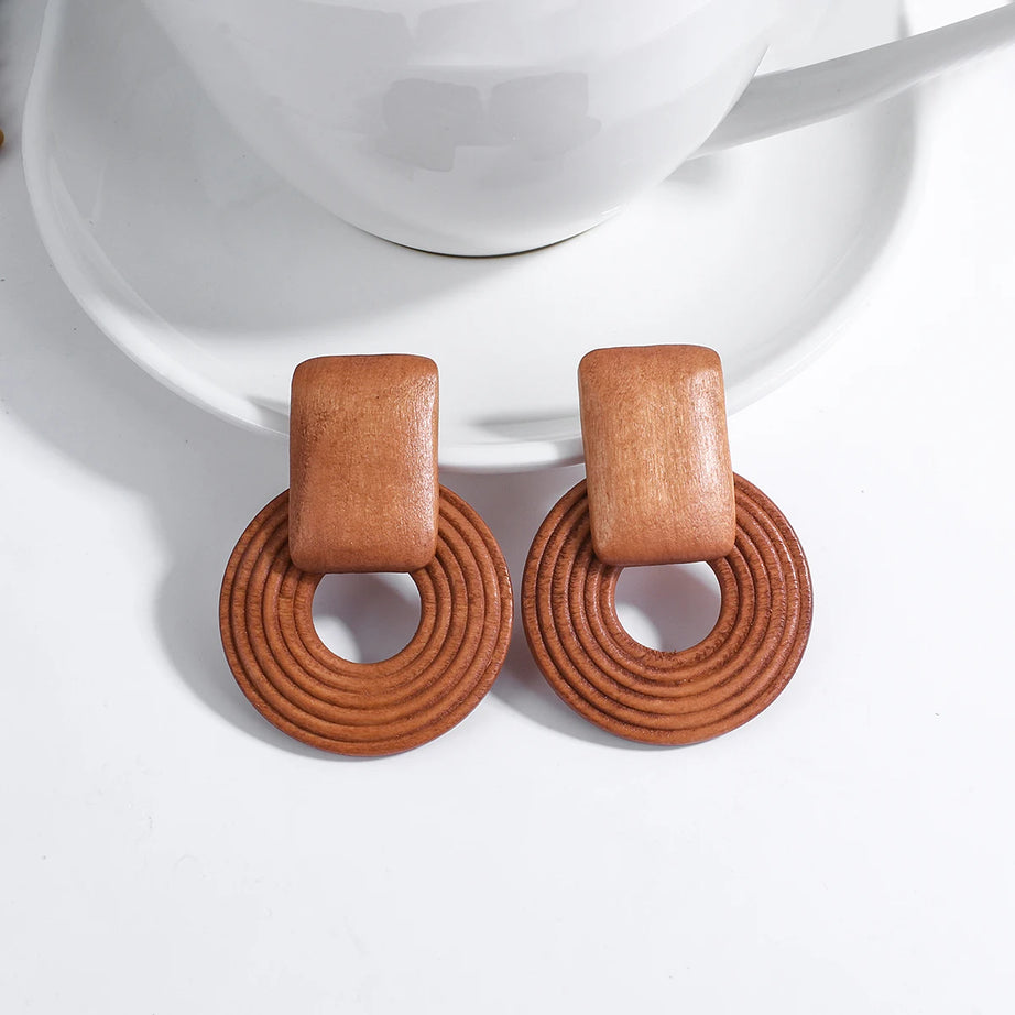 Wooden Rattan Braid Geometric Drop Earrings Jewelry