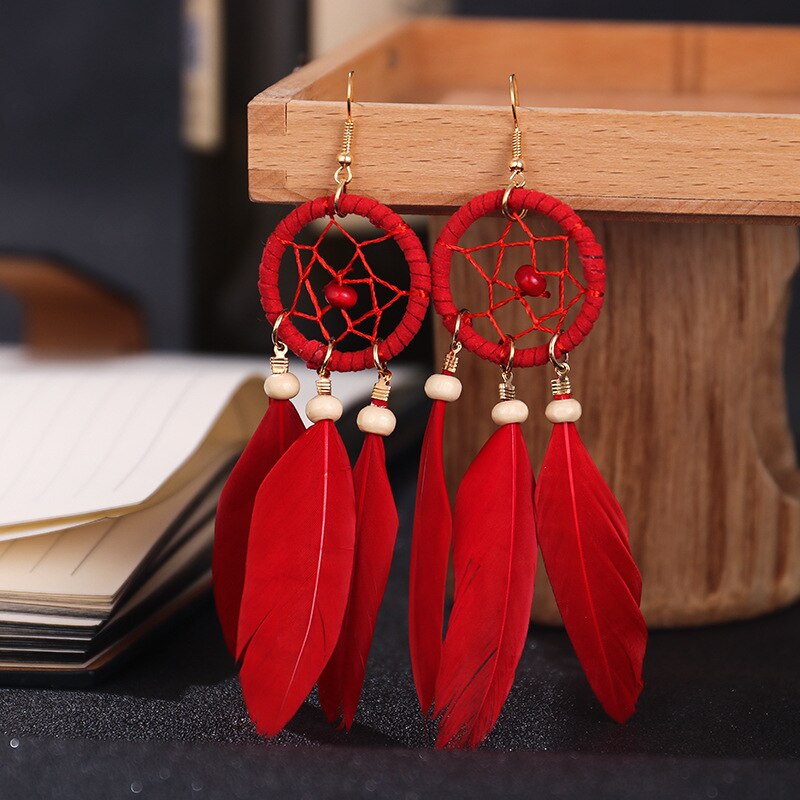 Bohemian Hollow Dream Catcher Leaf Feather Earrings For Women Indian Jewelry Blue Natural Stone Drop Dangle - Charlie Dolly