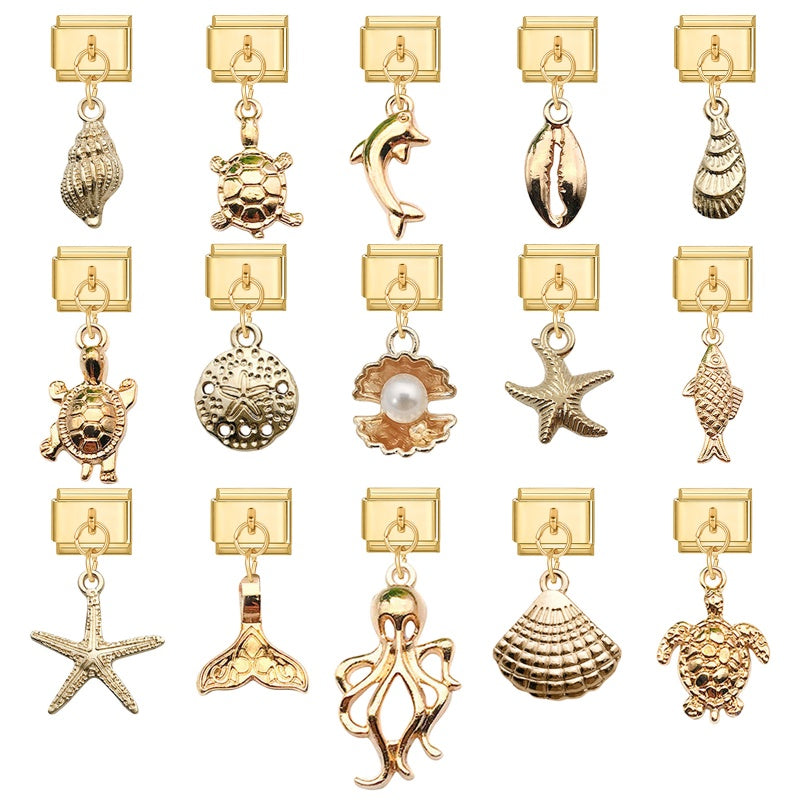 Vintage Golden Sea Shell Conch Starfish Dolphin Turtles Pendant Bead Fit 9mm Italian Charm Bracelet Stainless Steel DIY Making