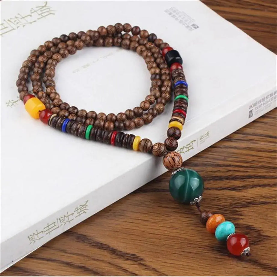 Nepal Wood Bead Tassel Sweater Chain Necklace Jewelry