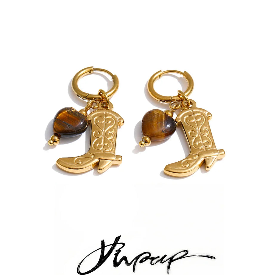 Natural Tiger Stone Boot Charm Drop Hoop Earrings, Stainless Steel Vintage Jewelry