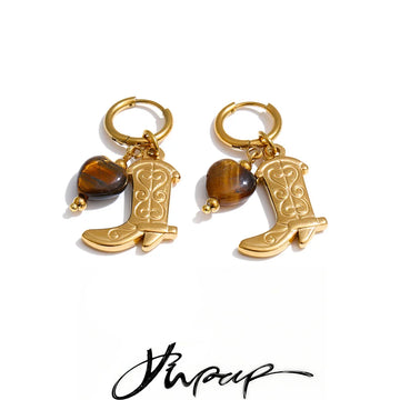 Yhpup Natural Tiger Stone Boots Shoes Pendant Drop Hoop Earrings Stainless Steel Charm Vintage Fashion Jewelry Prevent Allergy