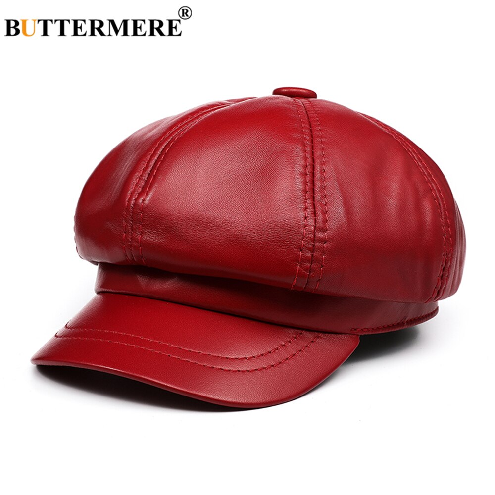 BUTTERMERE Genuine Leather Vintage Hat Women Newsboy Cap Pink Baker Boy Cap High Quality Brand Ladies Winter Octagonal Cap - Charlie Dolly
