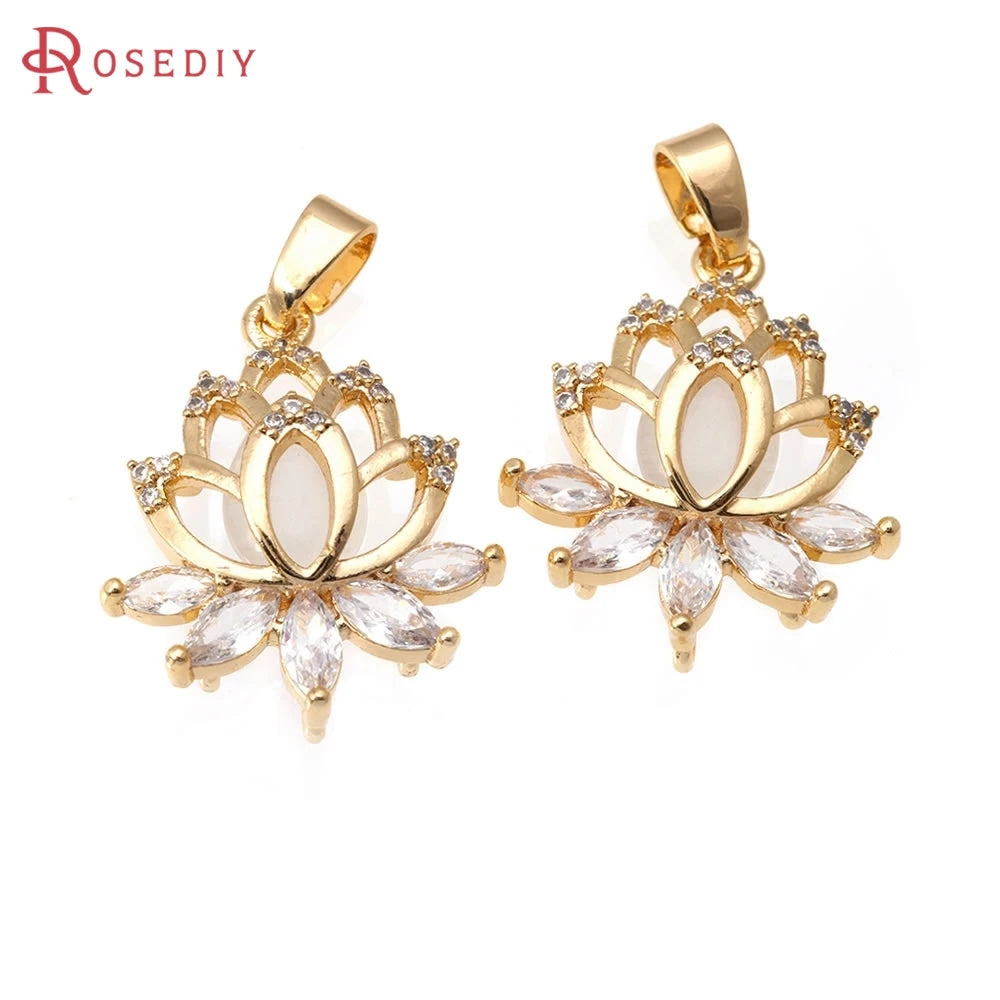 18K Gold Color Brass and Zircon Lotus Flower Necklaces Charms Pendants High Quality Diy Jewelry Accessories Making Supplies