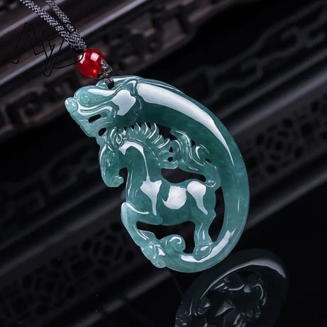 Real Myanmar Emerald Blue Water Jade Horse Card Pendant Necklace, Certified Amulet