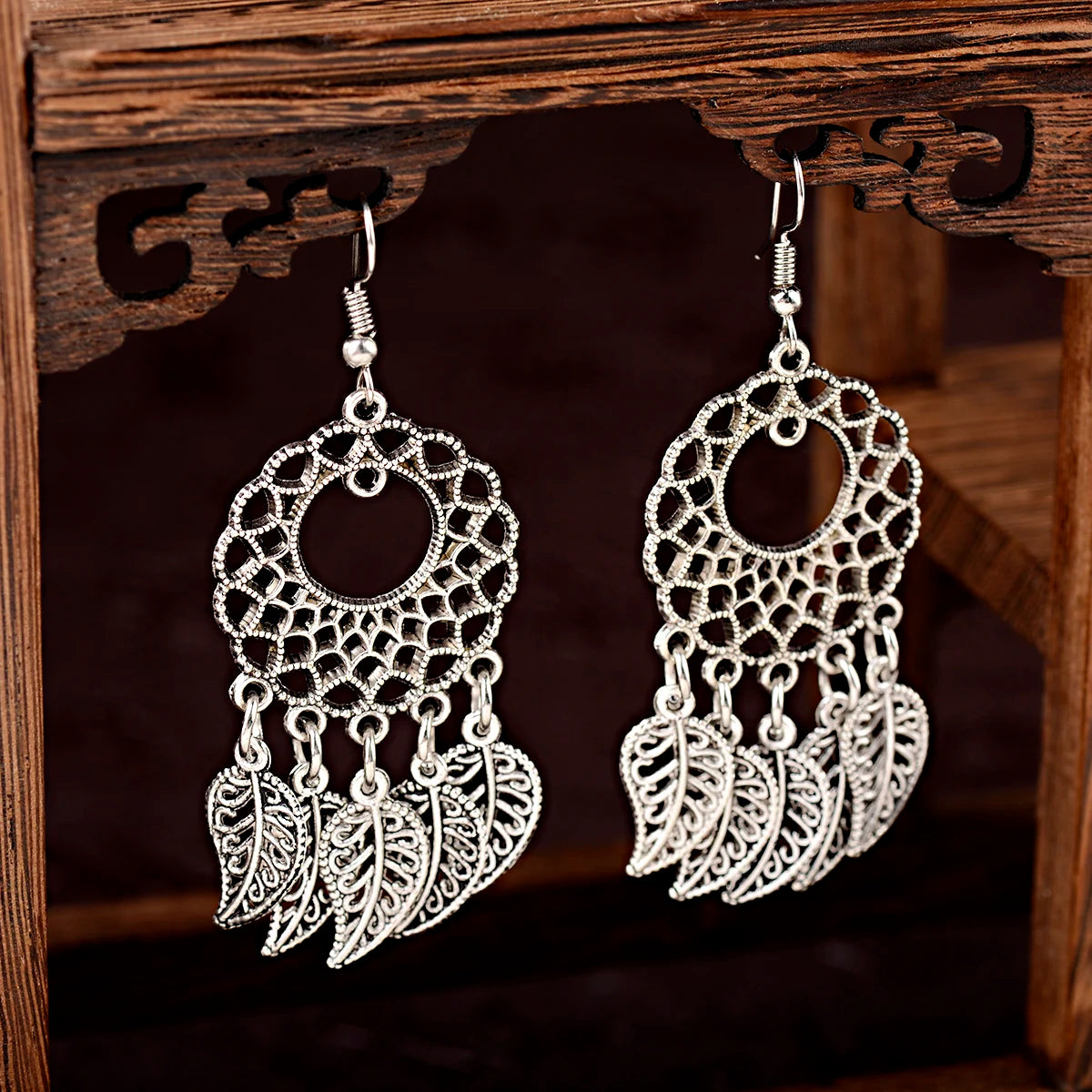 2023 Ethnic Indian Women's Round Hollow Silver Color Drop Earrings Leaf Tassel Boho Tribal Jewelry India Jhumki