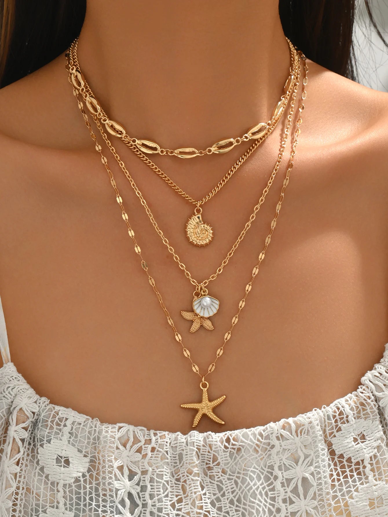 4-piece Layer Ocean Theme Necklace For Women Gold Starfish Shell Conch Pendant Vintage Boho Choker Chain Beach Jewelry Gift