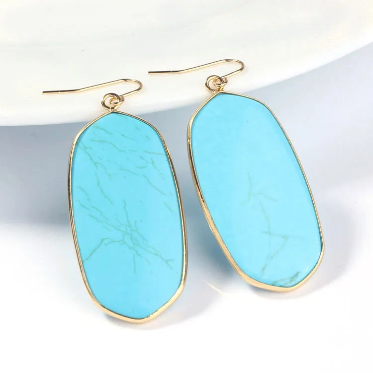 Natural Crystal Rose Pink Quartz Labradorite Lapis Lazuli Tiger Eye Stone Turquoise Oval Dangle Hook Women Earrings Jewelry