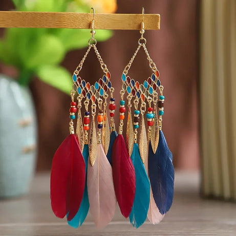 Feather Colorful Bead Long Tassel Earrings Jewelry