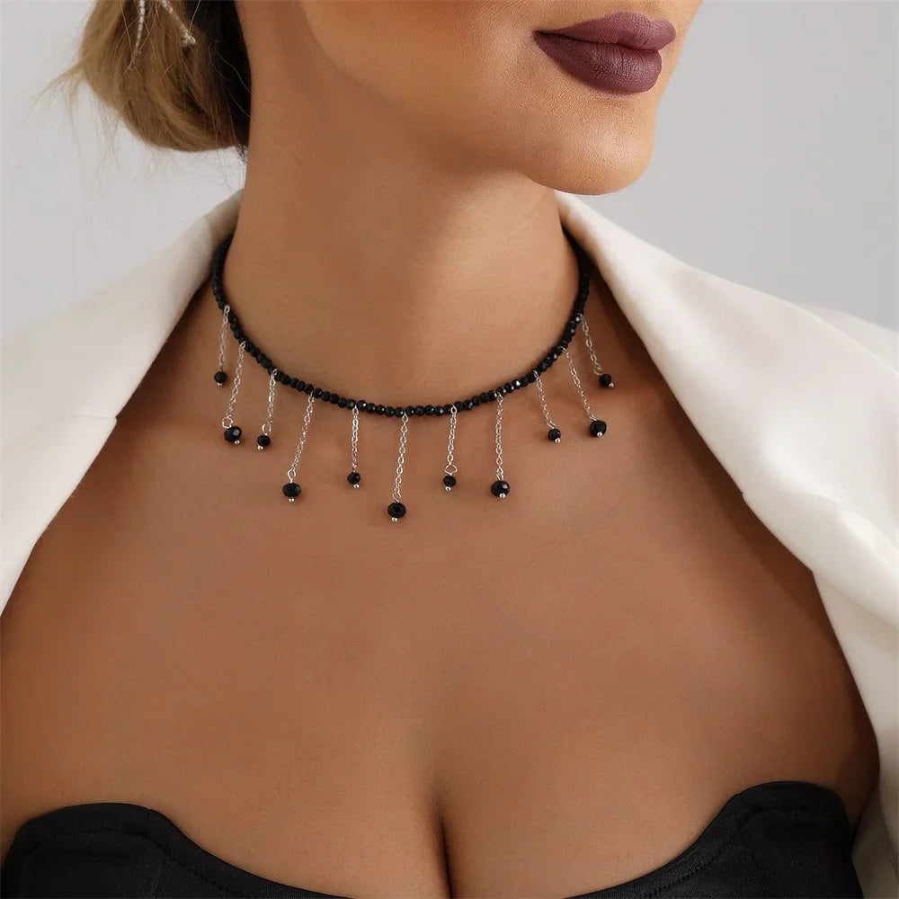 Black Bead Silver Tassel Choker Necklace Jewelry