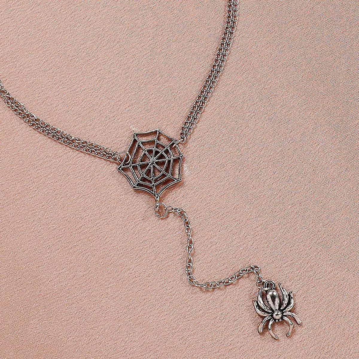 Halloween Necklaces New Creative Spider and Web Pendant Double Chain Necklace Retro Punk Style Long Sweater Chain Accessories - Charlie Dolly