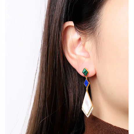 GEEZENCA Malachite Lapis Lazuli Shell 925 Silver Dangle Earrings For Women Unusual Geometric Natural Stone Drop Earring Gift - Charlie Dolly