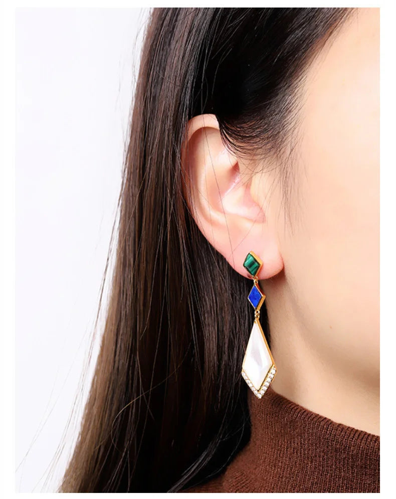 GEEZENCA Malachite Lapis Lazuli Shell 925 Silver Dangle Earrings For Women Unusual Geometric Natural Stone Drop Earring Gift