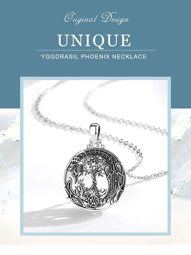 Eudora 925 Sterling Silver Phoenix Necklace Vintage Compass Tree of Life Pendant Viking Amulet Jewelry Party Gift for Women Men