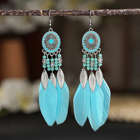 Feather Leaf Crystal Bead Long Earrings Jewelry