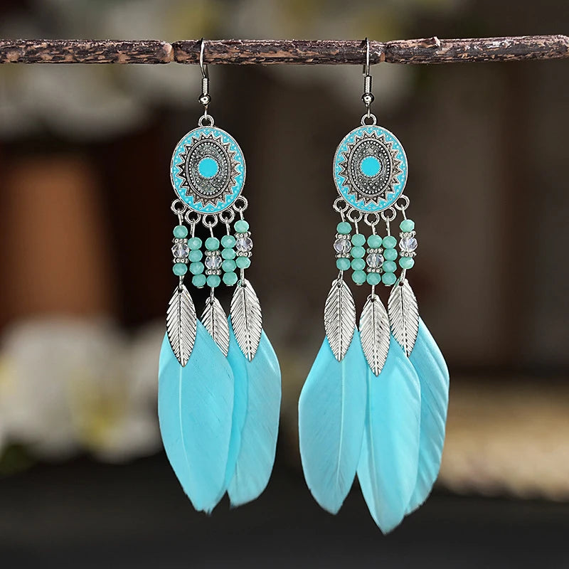 Boho Long Feather Drop Dangle Women's Earrings Leaf Tassel Crystal Beads Handmade Round Flower Enamel Wedding Bride Jewelry Gift