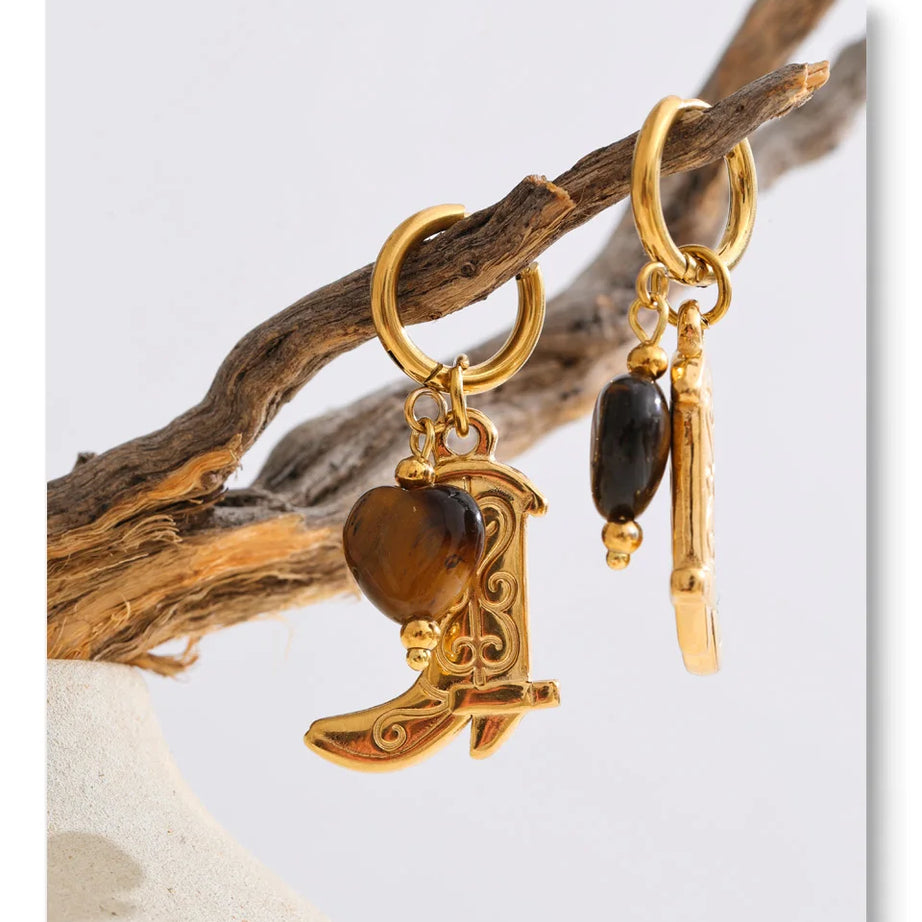 Natural Tiger Stone Boot Charm Drop Hoop Earrings, Stainless Steel Vintage Jewelry