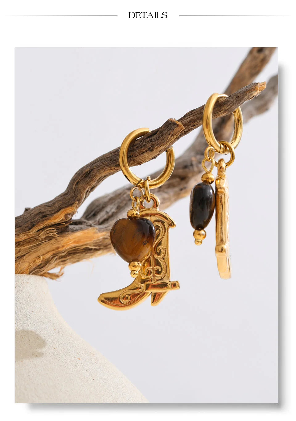 Yhpup Natural Tiger Stone Boots Shoes Pendant Drop Hoop Earrings Stainless Steel Charm Vintage Fashion Jewelry Prevent Allergy