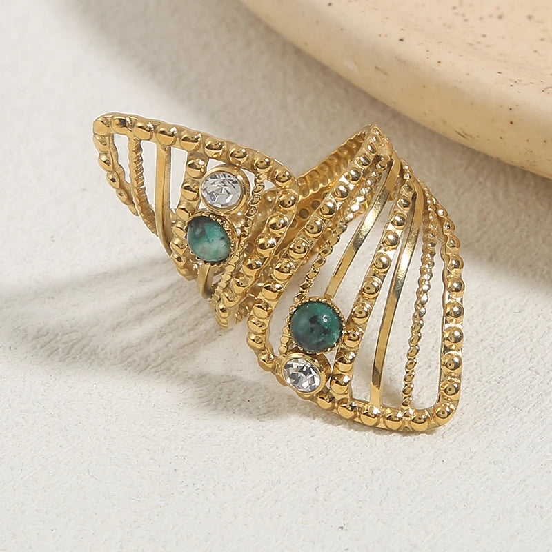 Boho Zircon Twisted Hollow Engagement Rings For Women Baroque Natural Stone Stainless Steel Bling Ring Wedding Fashion Jewelry