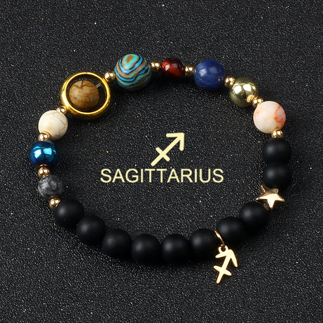 Eight Planets & Twelve Zodiac Beaded Bracelet, Natural Stone Cosmic Astrology Talisman