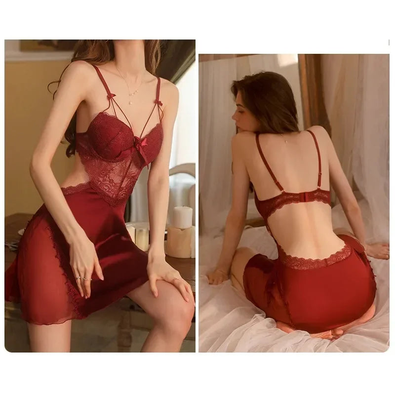 Lace Satin Nightdress Women Spaghetti Straps Nightgowns Deep V Sexy Sleepdress Silk Satin Lingerie Women's Pajamas Home Clothes - Charlie Dolly