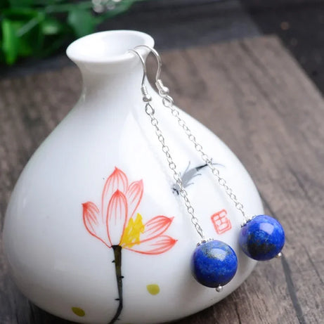 925 Silver Natural Lapis Lazuli 8-10mm Beads Earrings Original Simple Jade Pulp Bead Handmade Gift Women Fine Stone Jewelry New - Charlie Dolly