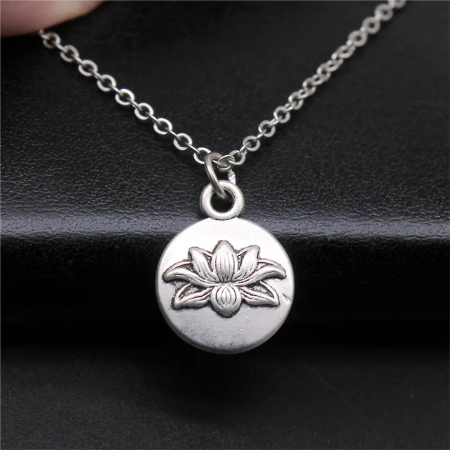 Retro Lotus Flower Buddhist Pendant, Vintage Boho Necklace