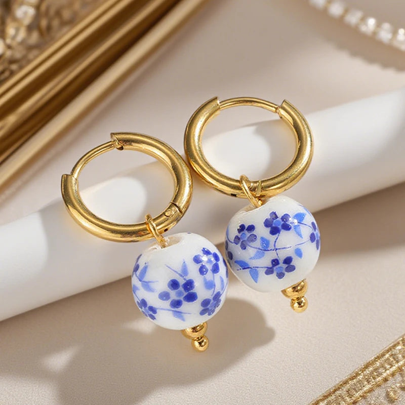 Boho Ceramic Earrings With Handmade Designs Stainless Steel Colorful Fish/Flower Motifs Ear Hoops Trendy Women's Accessories