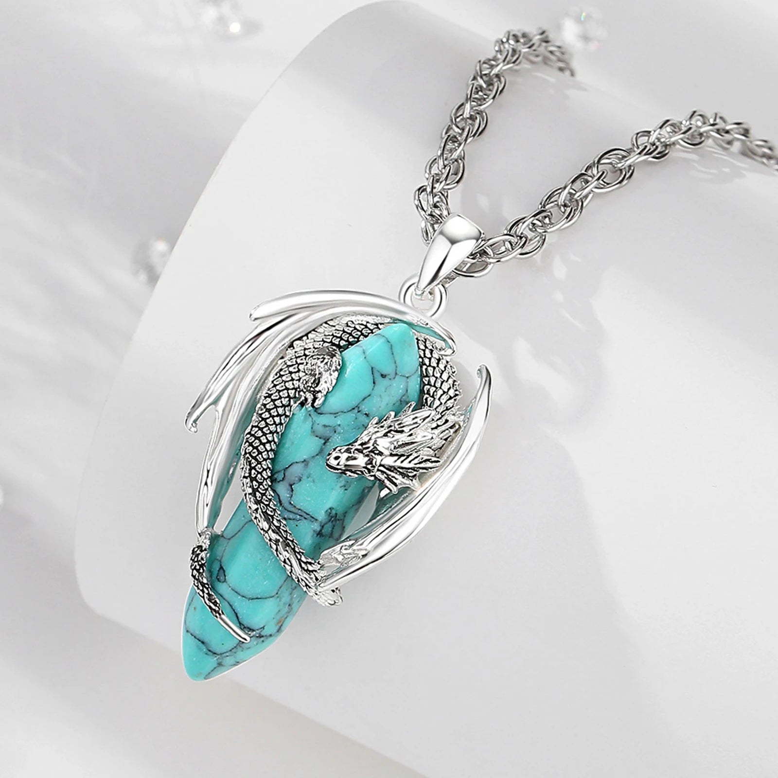 Eudora Dragon Twining Hexagonal Natural Obsidian Prismatic Necklace Punk Turquoise Amethyst Jade Pendant Malachite Jewelry Gift