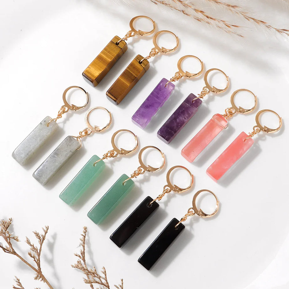 Rectangle Gemstone Drop Hoop Earrings, Natural Healing Crystal Boho Jewelry