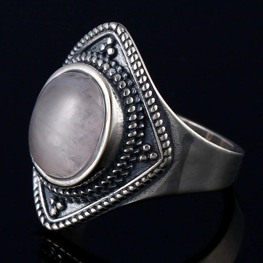 Natural Rose Quartz Oval Gemstone Ring - Vintage Boho Silver Plated Handmade Jewelry for Women Gift Party & Daily Wear - Charlie Dolly