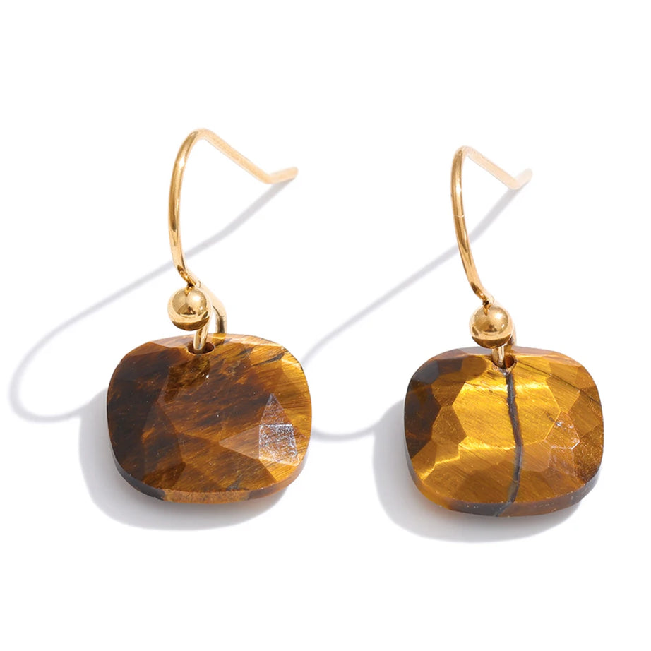 Natural Stone Square Drop Earrings, Tiger Eye Agate 14K Gold-Plated Stainless Steel Jewelry