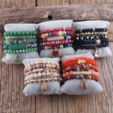 Fashion Beaded Boho Bracelet 5pc Green Natural Stone /Glass Stack Bracelet Sets For Women Boho Jewelry Gift - Charlie Dolly