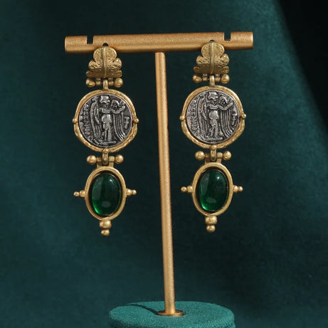Vintage Emerald Green Stone Dangle Earrings, Antique Gold Coin Boho Jewelry