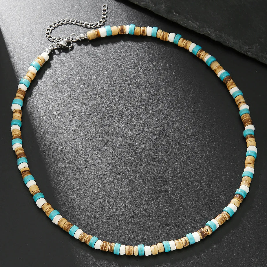 Coconut Shell, Turquoise and Wood Bead Boho Necklace for Men